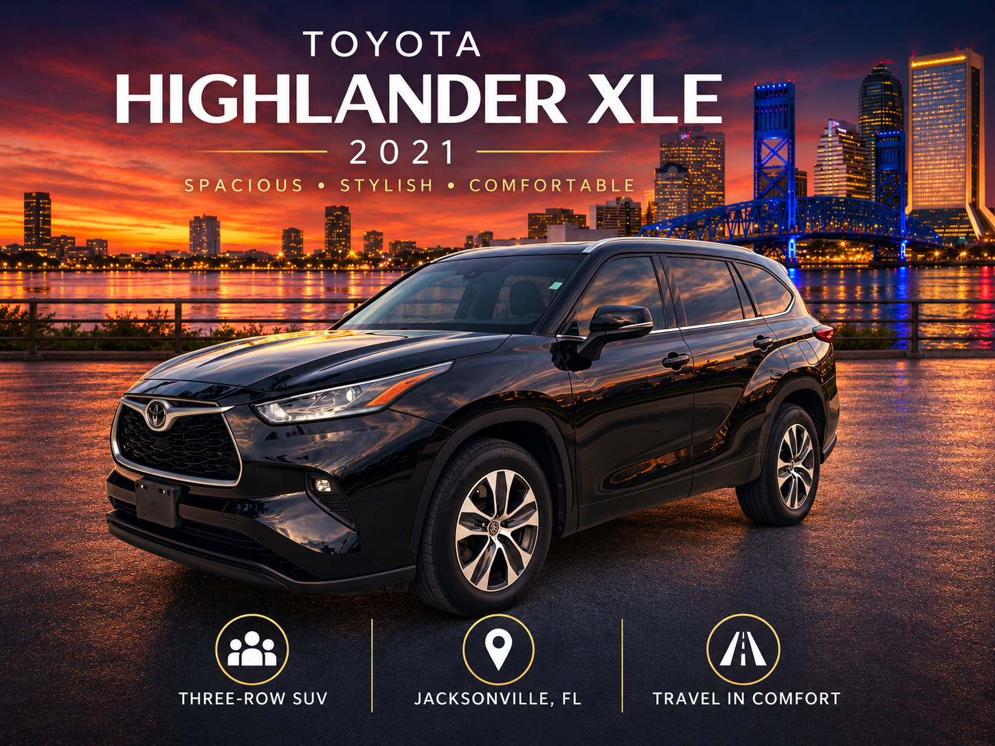 2021 Toyota Highlander XLE promotional photo with the Jacksonville skyline at twilight